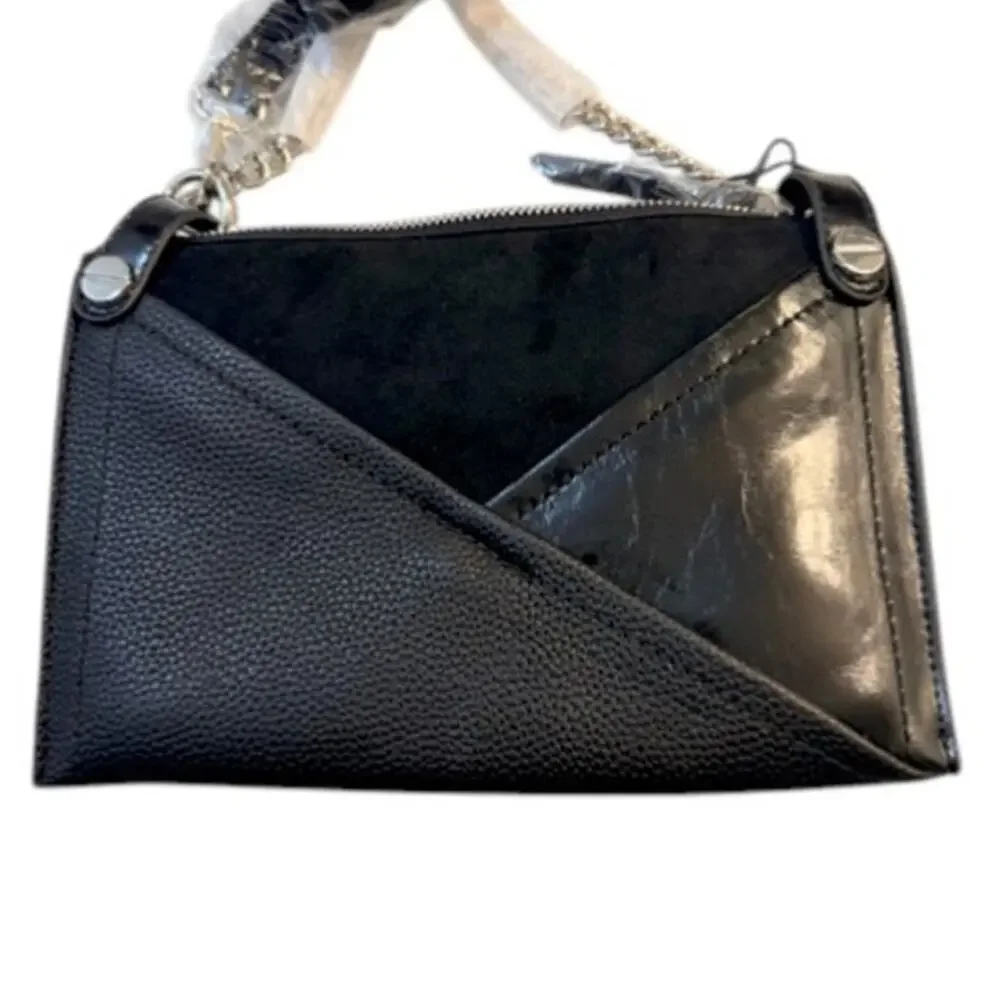 Cejon Black Leather & Suede Crossbody Bag Silver Chain Strap NEW